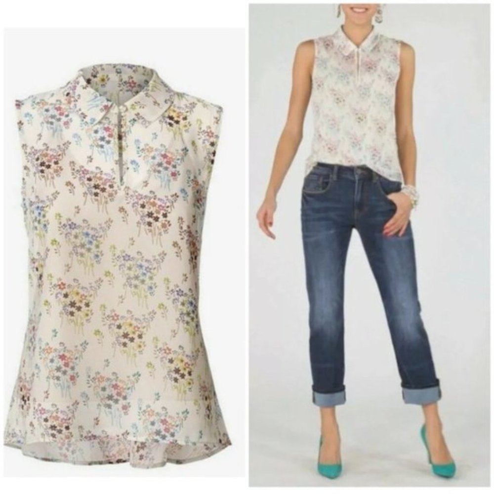 CAbi Floral Sleeveless Blouse - Cream and Multicolor